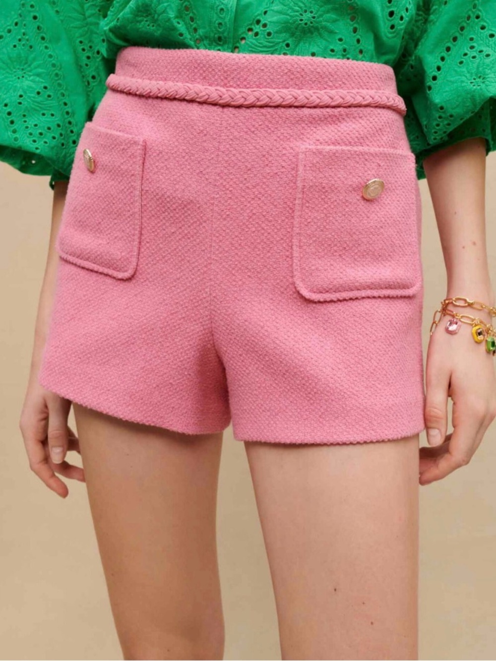 Maje Pink High-Waist Braided-Waist Pocket Shorts